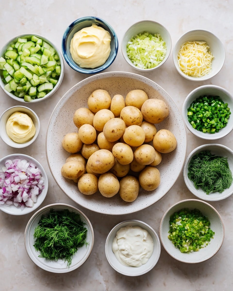 The image shows a white speckled bowl in the center filled with many small light brown potatoes. Surrounding it are small white bowls with chopped green herbs, creamy pale yellow mayonnaise, minced garlic, pale green finely chopped celery, light yellow mustard, chopped pickles, cubed dark green cucumbers, creamy white sour cream, chopped light purple shallots, bright green chopped scallions, and dark green chopped dill, all arranged neatly on a white marbled surface. photo taken with an iphone --ar 4:5 --v 7
