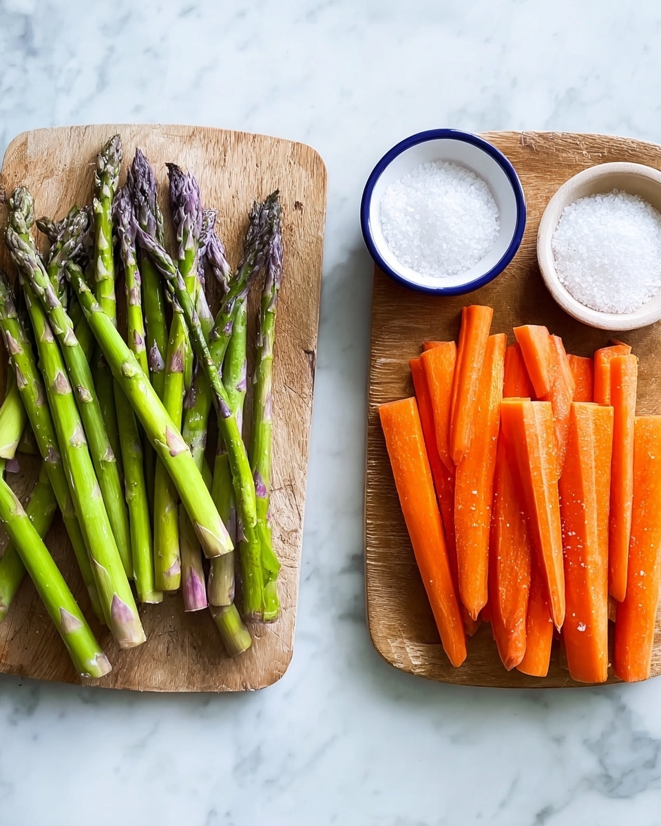The image shows two small wooden cutting boards on a white marbled surface. The left board holds fresh green asparagus stalks, some whole and some cut into smaller pieces, with purple tips and a smooth texture. Above the board is a small white bowl with a blue rim, filled with coarse white salt. The right board has peeled bright orange carrots of different sizes arranged side by side, with the same small white bowl filled with salt placed above it. The colors are fresh and natural, and the lighting is soft. photo taken with an iphone --ar 4:5 --v 7