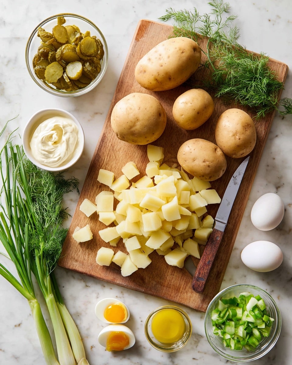 The image shows a wooden cutting board on a white marbled surface, with several whole light brown potatoes and a pile of diced potatoes in the center. A knife with a wooden handle rests on the board, partially under some diced potatoes. Around the board, there is a small round white bowl with creamy white mayonnaise, a clear plastic container with green pickles in liquid, a small glass bowl filled with diced green celery, a small glass jar with yellow mustard and a spoon inside, and two hard boiled white eggs. Fresh green herbs, including long chives and leafy dill, lay at the top edge of the board. Photo taken with an iphone --ar 4:5 --v 7