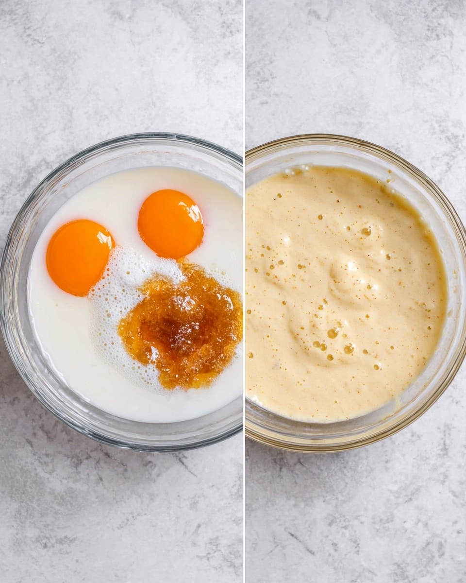The image shows two glass bowls placed on a white marbled surface. The bowl on the left contains raw ingredients, including two bright orange egg yolks at the bottom, white liquid (likely milk) covering part of the bowl, and a pile of brown sugar or syrup in the center with some bubbles on the surface. The bowl on the right shows the same mixture after being stirred into a smooth, creamy, pale yellow batter with a few small bubbles and an even texture. Photo taken with an iphone --ar 4:5 --v 7
