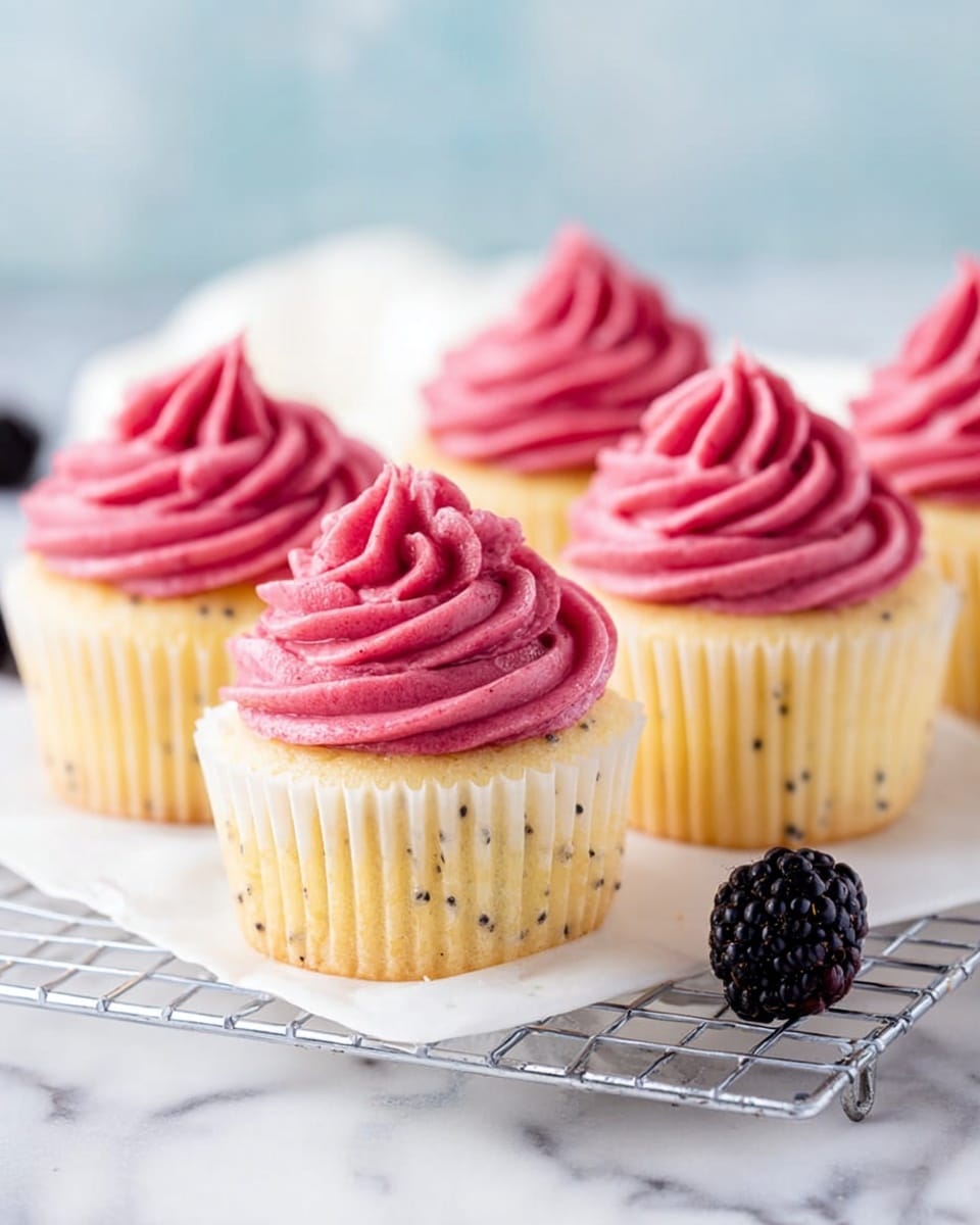 The image shows a group of five cupcakes on a silver wire rack placed over white parchment paper, set on a white marbled surface. Each cupcake has a light yellow base with small black seeds visible in the cake, wrapped in white ridged paper liners. On top of each cupcake is a swirl of thick, bright pink frosting with a smooth but textured finish, piped into a spiral shape with pointed peaks in the center. In the bottom right corner of the image, there is one ripe blackberry with a shiny surface and deep black-purple color. The background is softly blurred with light blue and white tones. Photo taken with an iphone --ar 4:5 --v 7