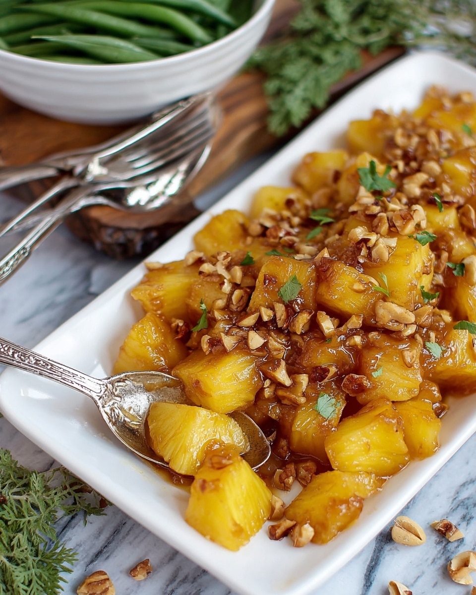 The image shows a white rectangular dish filled with golden yellow pineapple chunks covered with a shiny, brown sauce mixed with small bits of chopped nuts on top. A silver spoon rests inside the dish, lifting some of the pineapple and sauce. In the background, there is a white bowl with green beans and several silver forks placed on a wooden surface. Fresh green herbs and scattered nut pieces lie beside the dish. The whole scene sits on a white marbled texture. Photo taken with an iphone --ar 4:5 --v 7