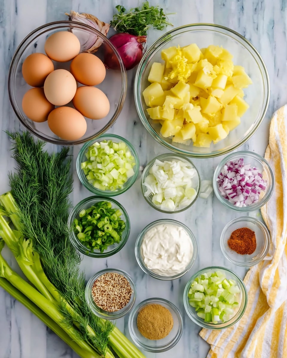 A collection of clear glass bowls filled with different ingredients is arranged on a white marbled surface. At the center is a large bowl with several brown eggs. To the upper right, there is a big bowl with yellow cubed potatoes. Above the eggs, smaller bowls contain chopped red onions and chopped green pickles. Below the eggs are three more bowls holding chopped celery, chopped chives, and a creamy white substance. Around the bowls, fresh celery stalks and a bunch of green dill add natural green elements. Small bowls with brownish-yellow mustard, grainy mustard, and a reddish-brown powder are also neatly placed. A white and yellow striped cloth towel lies near the top right corner. Photo taken with an iphone --ar 4:5 --v 7