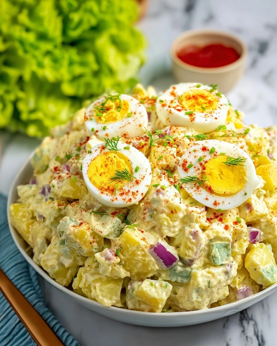 A large mound of creamy potato salad with visible chunks of yellow potatoes, green celery, and small bits of purple onion sits in a white bowl. The potato salad is topped with three halves of hard-boiled eggs, each with bright yellow yolks sprinkled with red paprika and small green dill flakes. In the blurred background, there is a bunch of green leafy lettuce and a small cup of red sauce. The surface underneath has a white marbled texture. Photo taken with an iphone --ar 4:5 --v 7