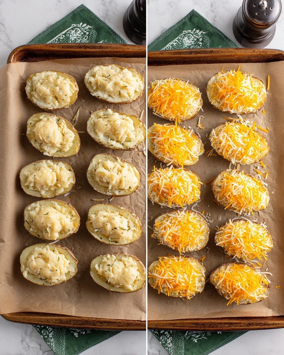 The image shows two side-by-side photos of stuffed potato halves on a baking sheet lined with brown parchment paper. Each side has six hollowed-out potato halves filled with a creamy, light yellow mixture that looks smooth and slightly textured on the left side, while on the right side the same halves are topped with a generous layer of shredded orange and white cheese. The baking sheet with the filled potato halves is placed on a white marbled surface with a green cloth napkin with white patterns visible in the top background, along with a pepper and salt grinder. The arrangement is neat with all halves aligned in two vertical rows of six. Photo taken with an iphone --ar 4:5 --v 7