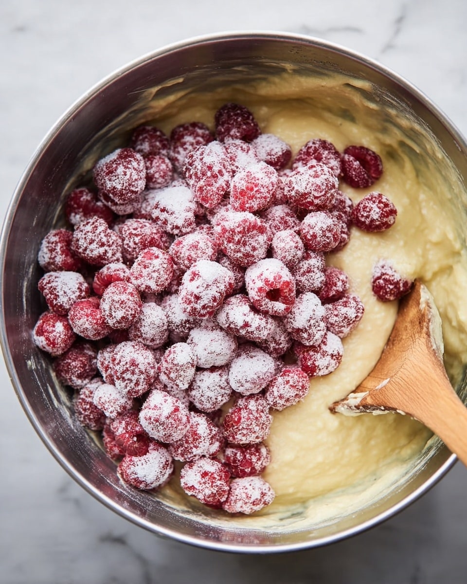 A metal bowl filled with thick, pale yellow batter at the bottom, topped with a large pile of red raspberries dusted in white powder, creating a contrast between the smooth batter and the textured berries; a wooden spoon with batter clinging to its edge rests partially inside the bowl on the right side. The photo is taken with a white marbled surface underneath. photo taken with an iphone --ar 4:5 --v 7