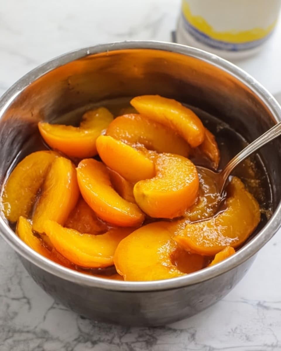 A silver metal bowl sits on a white marbled surface, filled with thick slices of golden-orange peaches coated in a shiny syrup. The peach slices are soft and glossy, arranged loosely in the bowl with a silver spoon resting on the right side inside the bowl. The background shows a blurred white and yellow container out of focus. The overall colors are warm and inviting, focusing on the rich orange and golden hues of the peach slices. Photo taken with an iphone --ar 4:5 --v 7