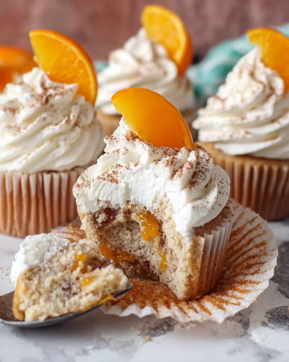 The image shows four cupcakes arranged on a pale yellow cake stand with a wavy edge. Each cupcake has a light brown base with a slightly rough texture, topped generously with one thick swirl of white cream. The cream is dusted lightly with fine brown powder, adding subtle texture. A bright orange peach slice is placed vertically, partially inserted into the cream on each cupcake's right side. The background is a smooth dark surface, contrasting with the vibrant and soft colors of the cupcakes. Photo taken with an iphone --ar 4:5 --v 7