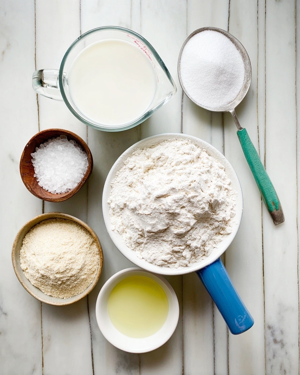 The image shows six containers of baking ingredients on a white marbled surface. At the center is a white bowl with a blue handle, filled to the top with white flour, with a slightly rough texture. Above and to the left is a clear glass measuring cup filled with white milk, smooth and creamy. To the right of the milk is a metal spoon with a green handle filled with white sugar that looks fine and granulated. Below the milk is a small white bowl of beige dry yeast powder with a soft, grainy texture. Next to it on the left is a small brown wooden bowl with coarse white salt crystals. Below the flour bowl is a small white bowl filled with clear pale yellow oil. The setup is simple and neat, with natural lighting and a flat overhead view. Photo taken with an iphone --ar 4:5 --v 7