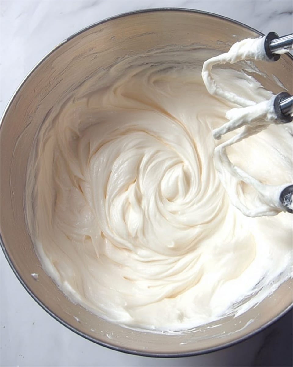A close-up view of soft, white creamy batter inside a large silver mixing bowl. The batter looks smooth and thick with gentle swirls and peaks from mixing. Two metal beaters are partially visible, embedded in the batter, showing fresh mixing action. The bowl is placed on a white marbled surface. Photo taken with an iphone --ar 4:5 --v 7