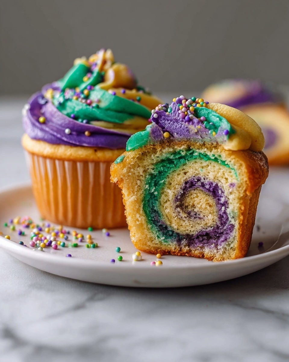 The image shows two cupcakes on a white plate placed on a white marbled surface. One cupcake is whole, with swirled purple, green, and yellow frosting on top, decorated with small colorful round sprinkles. The other cupcake is cut in half, showing a spiral pattern inside with purple, green, and yellow colors mixing through the light golden cake. The top frosting on the cut cupcake matches the colors inside, with a textured, creamy look. Photo taken with an iphone --ar 4:5 --v 7