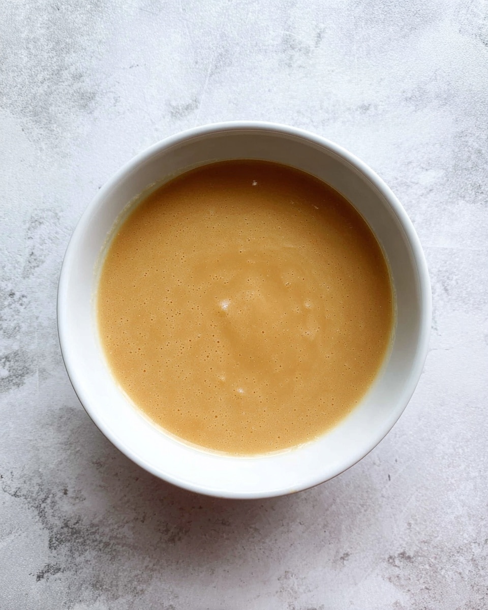 A white bowl filled with one smooth layer of light brown soup or sauce that has a shiny surface, placed on a white marbled texture background. The bowl is round and viewed from above, showing the even texture of the liquid inside. photo taken with an iphone --ar 4:5 --v 7