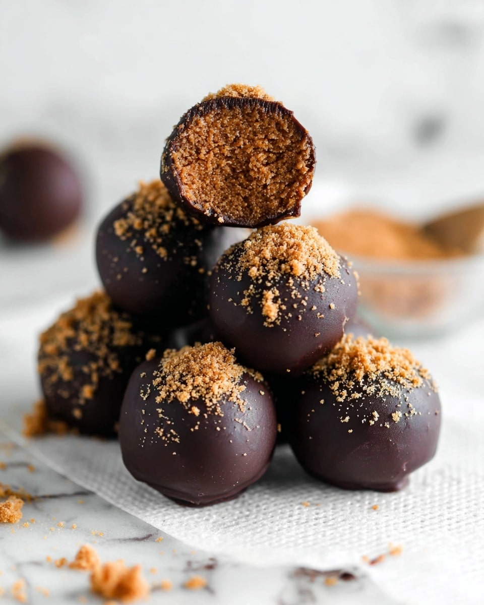 A close-up view of several small round chocolate balls stacked on a white textured surface. Each ball has a smooth dark chocolate outer layer sprinkled with light brown crumbs. One ball on top is bitten, revealing a dense, crumbly light brown inner filling. The background is softly blurred with a white marbled texture and some scattered crumbs near the balls. Photo taken with an iphone --ar 4:5 --v 7