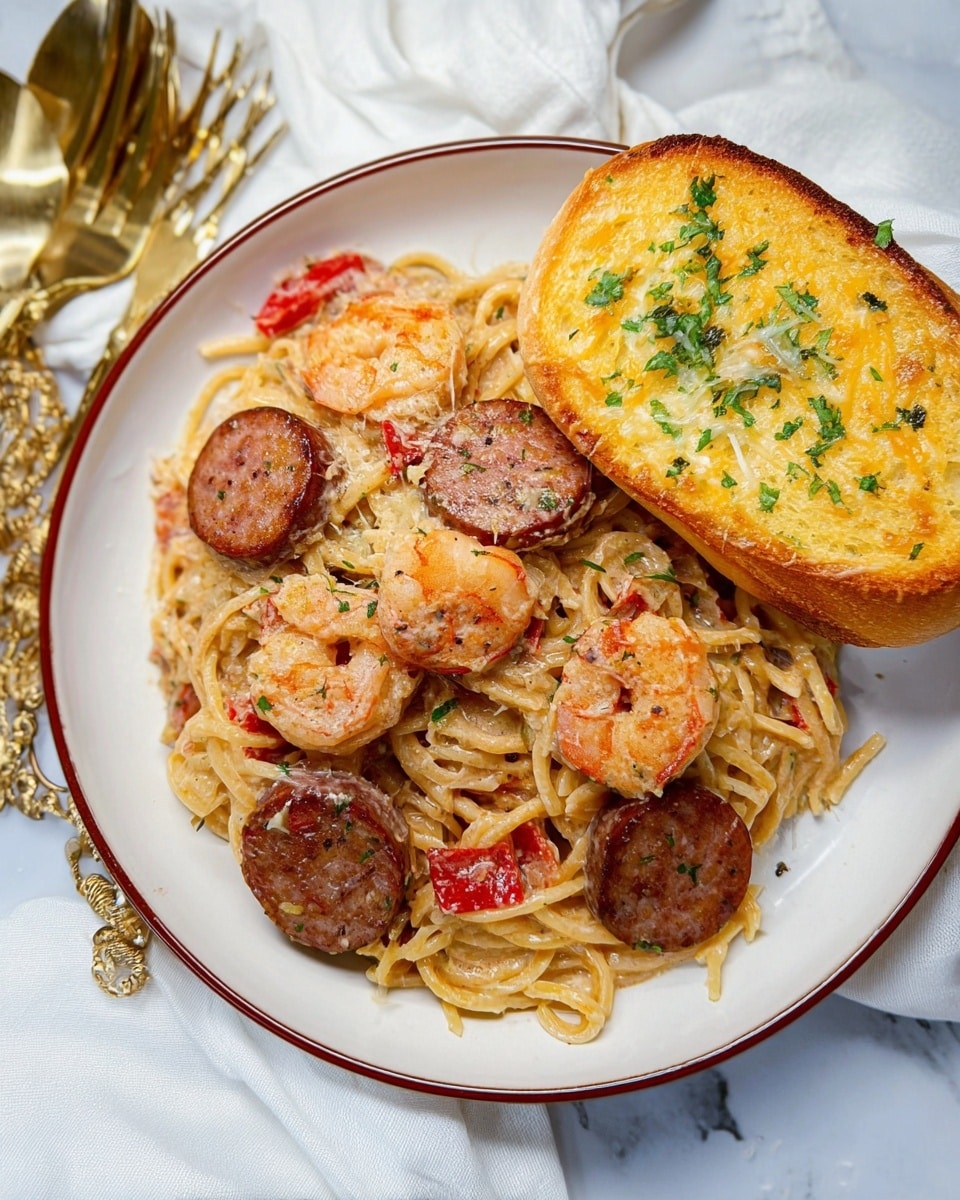 The image shows a white plate with a thin red rim filled with spaghetti pasta mixed in a creamy sauce with small red bell pepper pieces. On top of the pasta, there are several round sausage slices with a brownish color and slightly crispy texture, along with three golden-brown cooked shrimp. A large piece of golden, toasted garlic bread with melted cheese and parsley is placed on the right edge of the plate. The plate is set on a white marbled surface, surrounded by a white cloth and ornate gold-toned fork, knife, and spoon nearby. Photo taken with an iphone --ar 4:5 --v 7