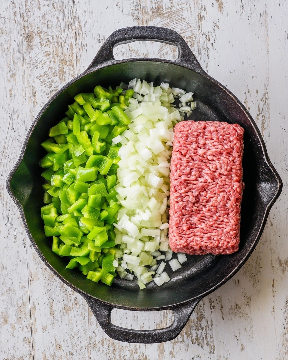 A black cast iron pan holds three main layers of ingredients arranged side by side: bright green chopped bell peppers on the left, finely diced white onions in the center, and a thick, rectangular block of raw ground meat with a pinkish-red color on the right. The pan has two handles on opposite sides, and the background is a white marbled texture resembling worn wooden boards. The ingredients appear fresh and ready for cooking. photo taken with an iphone --ar 4:5 --v 7