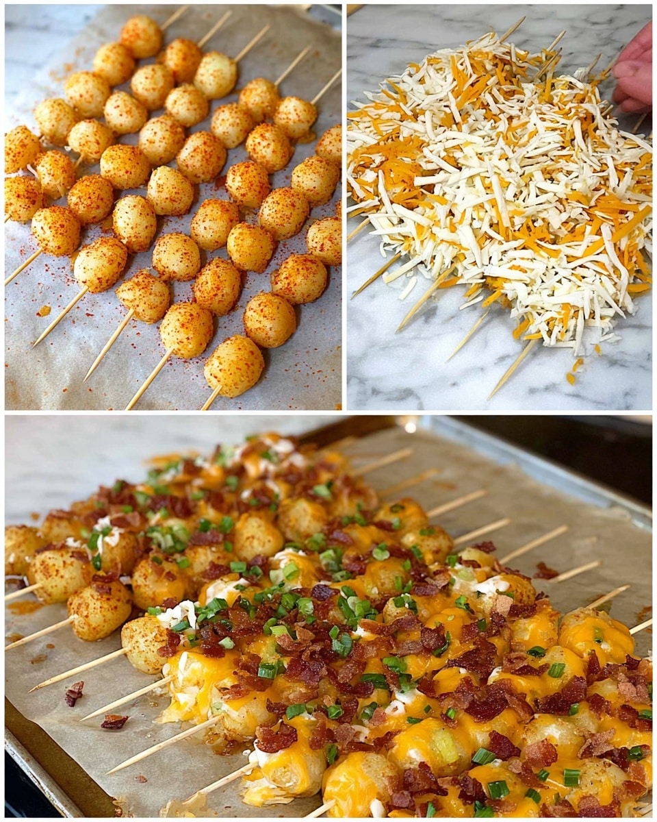 The image shows three stages of a dish made with small potato balls on wooden skewers. The first layer features the potato balls speckled with a light orange seasoning, arranged in rows held by a woman's hand. The second layer shows the skewers laid out on parchment paper on a baking tray, covered evenly with a mix of shredded white and orange cheese. The last stage shows the cooked dish with melted cheese browned at the edges, topped with chopped green onions and crispy bits of bacon, all on baked potato balls skewers. The background is a white marbled surface. photo taken with an iphone --ar 4:5 --v 7