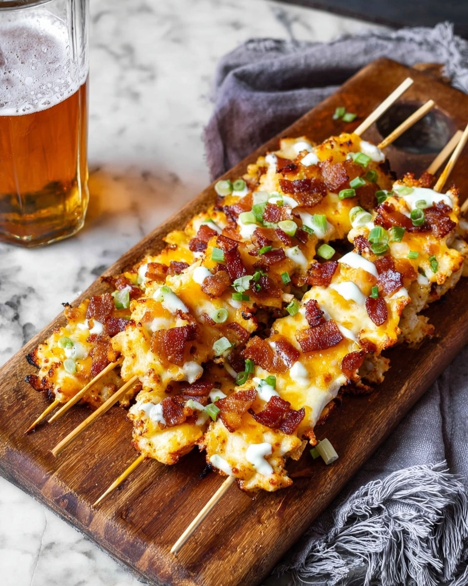 A wooden board holds several long skewers of food with melted orange-yellow cheese that has crispy browned edges. The skewers are topped with small bits of crispy brown bacon and green scallions, and there is a white creamy sauce drizzled unevenly on top. The edges of the cheese have bubbled and crisped into a lacy pattern around the skewers. In the background, there is a tall glass of amber-colored drink sitting on the white marbled surface, and a gray cloth with frayed edges lies nearby. photo taken with an iphone --ar 4:5 --v 7