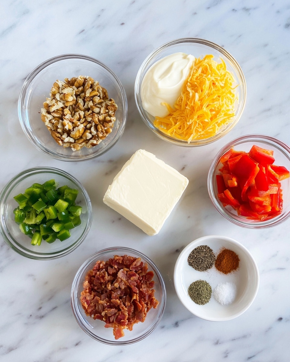 The image shows seven small white bowls and a block of cream cheese arranged on a white marbled surface. Starting from the top left, one glass bowl holds chopped nuts with a rough, light brown texture. To its right, another glass bowl contains smooth white mayo. Next, a glass bowl with shredded bright yellow cheese is positioned. Below the cheese, a white bowl holds small chopped green peppers. At the bottom center is a white bowl with sliced red bell peppers in juice. To the left of the red peppers, a glass bowl holds finely chopped pieces of bacon with a reddish-brown color. In the bottom right corner, a small white bowl contains five spices neatly separated: black pepper, salt, garlic powder, paprika, and onion powder. A soft block of cream cheese with a slightly cracked surface sits in the center of the arrangement. Photo taken with an iphone --ar 4:5 --v 7