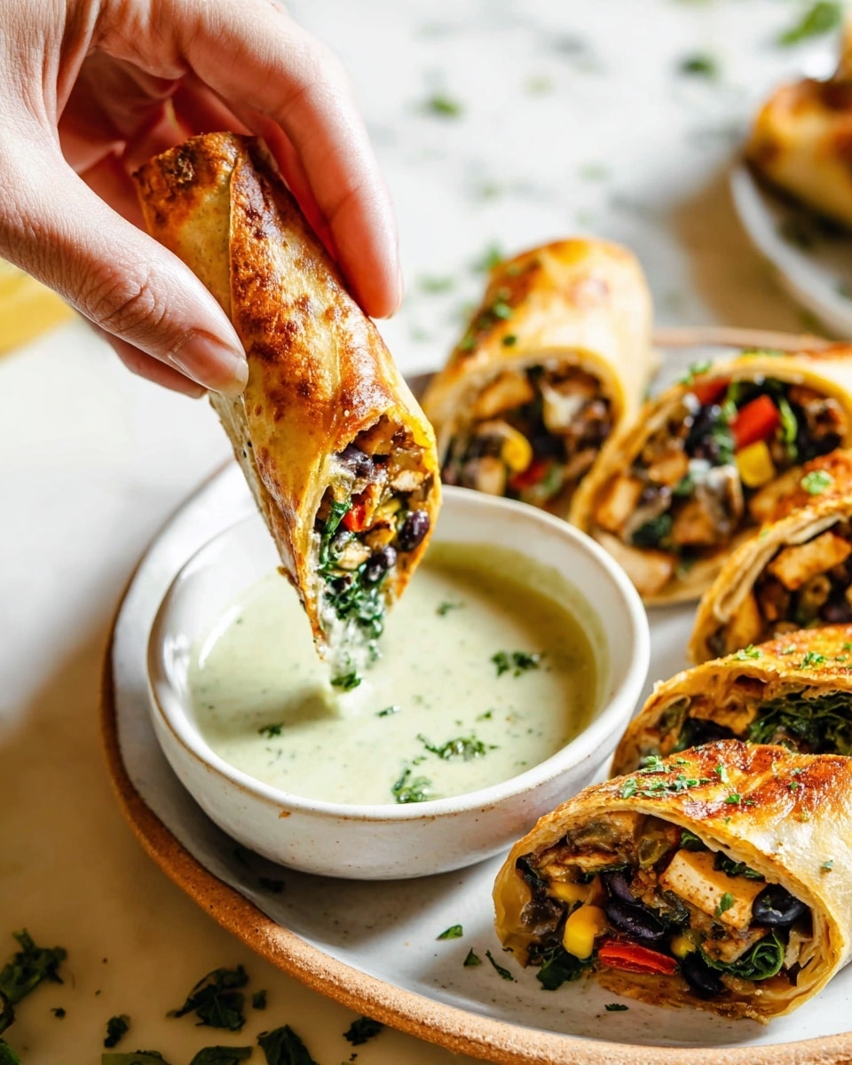 A close-up image shows a woman's hand holding a golden-brown, crispy wrap piece being dipped into a creamy light green sauce in a white bowl, garnished with fine green herbs. The wrap is sliced into several pieces, each showing layers of colorful filling including dark green spinach, black beans, yellow corn, orange-red red peppers, and small light brown tofu chunks. The wraps are on a white plate, placed on a white marbled surface, with more pieces in the background and sprinkled fresh herbs on top. Photo taken with an iphone --ar 4:5 --v 7