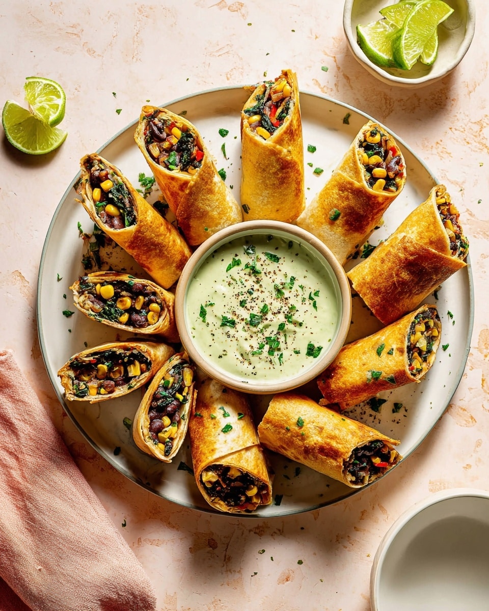 A round white plate is filled with golden brown folded wraps sliced open to show a colorful filling made of dark green leafy vegetables, black beans, yellow corn, and red peppers. The wraps are arranged around a small white bowl in the center that holds a creamy, pale green dip topped with chopped green herbs and a sprinkle of black pepper. Small pieces of chopped herbs are scattered over the wraps and plate. Around the plate, there are wedges of lime, a pale pink cloth in the lower left corner, and an empty white bowl in the lower right on a white marbled surface. Photo taken with an iphone --ar 4:5 --v 7