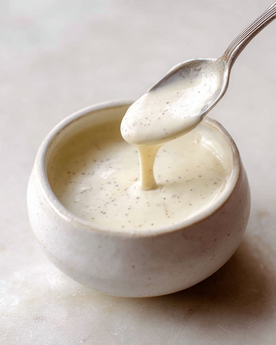 A small white bowl filled with creamy off-white sauce that has a smooth texture with tiny black specks spread evenly. A silver spoon is lifting some sauce above the bowl, showing the sauce dripping slowly back into it. The bowl is placed on a white marbled surface, and the lighting is soft, creating a clean and fresh look. photo taken with an iphone --ar 4:5 --v 7