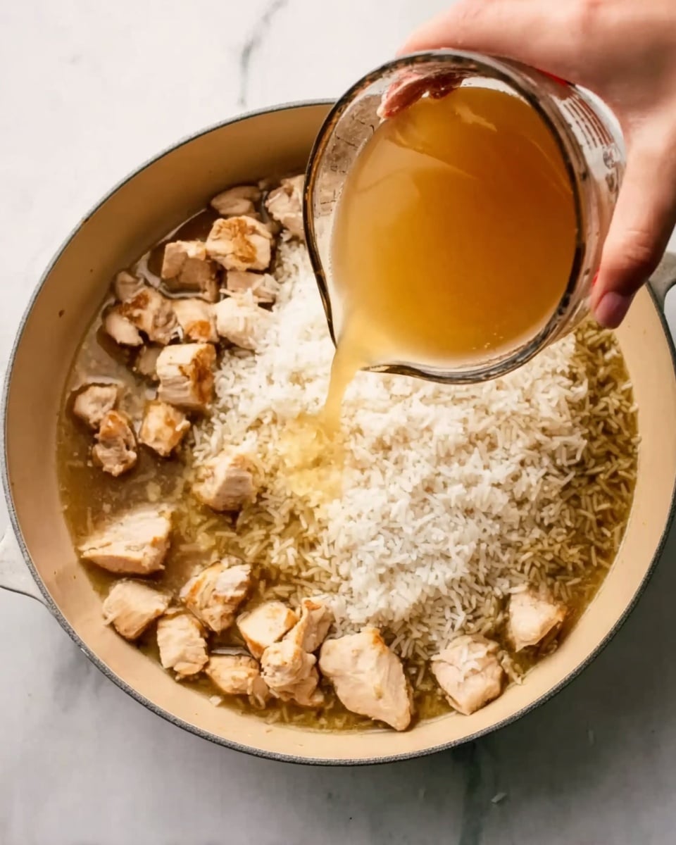 A close-up top view of a beige deep pan on a white marbled surface, with chunks of cooked chicken surrounding a pile of white rice in the center; a woman's hand is pouring light brown broth from a clear glass measuring cup onto the rice, creating a pool of liquid around it, showing the mix of textures between the soft rice, tender chicken pieces, and clear broth photo taken with an iphone --ar 4:5 --v 7