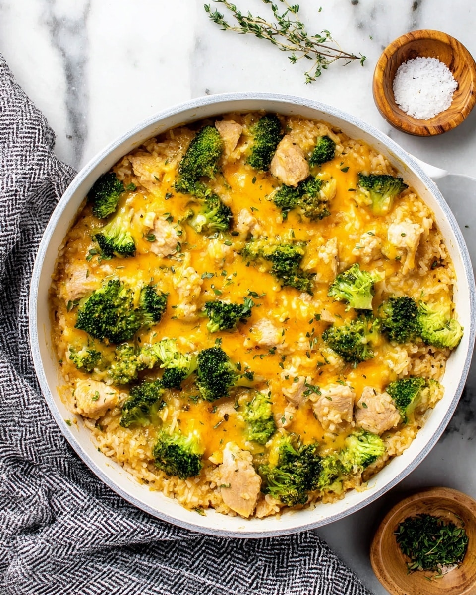 A white round pan filled with a layered dish showing chunks of light beige cooked meat mixed with bright green broccoli florets evenly spread throughout. The base layer appears to be soft cooked rice with a slightly creamy texture, covered by a rich melted layer of golden-orange cheese on top. Small green herb leaves are scattered across the surface. The pan sits on a white marbled surface with a gray and white checkered cloth partially under it and a small wooden bowl with coarse salt and some herbs nearby. photo taken with an iphone --ar 4:5 --v 7