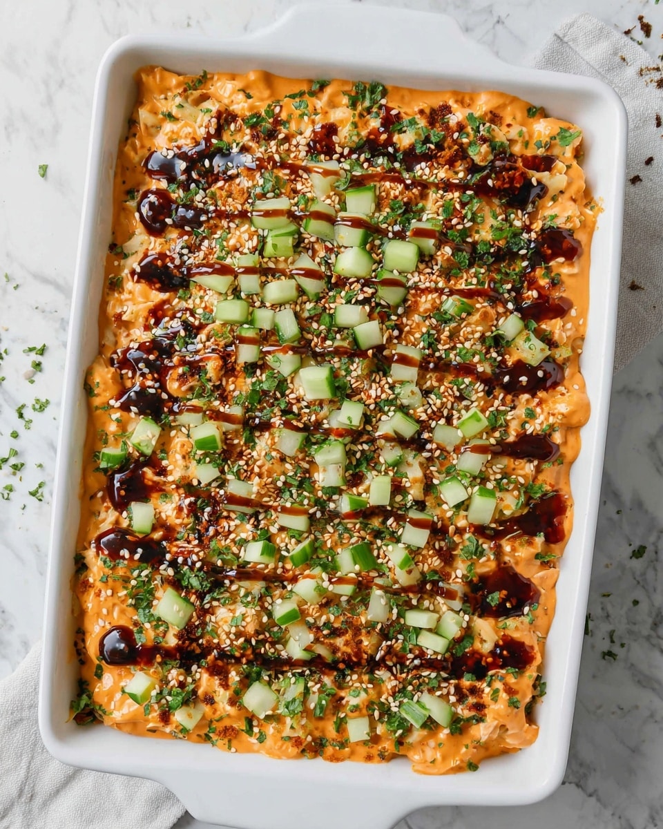 The dish is served in a white rectangular baking dish placed on a white marbled surface. It has a base covered with an orange creamy sauce spread evenly across the top. Over this, there are thin lines of dark brown sauce drizzled in parallel across the dish. Scattered finely on top are small green cucumber cubes and chopped green herbs adding texture and color contrast. There is also a sprinkling of white sesame seeds and tiny dark flakes all over. The edges of the creamy orange layer slightly overflow to the dish sides, giving it a fresh, generous look. Photo taken with an iphone --ar 4:5 --v 7