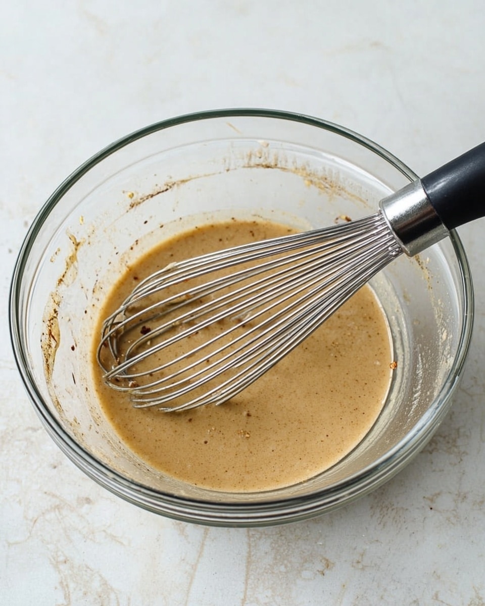 A clear glass bowl sits on a white marbled surface, containing a light brown liquid batter with small bits of darker ingredients mixed in. Inside the bowl, a silver whisk with a black handle rests, partially submerged in the batter. The texture of the batter appears smooth with minor lumps, and the bowl shows some splashes of batter along the sides. photo taken with an iphone --ar 4:5 --v 7