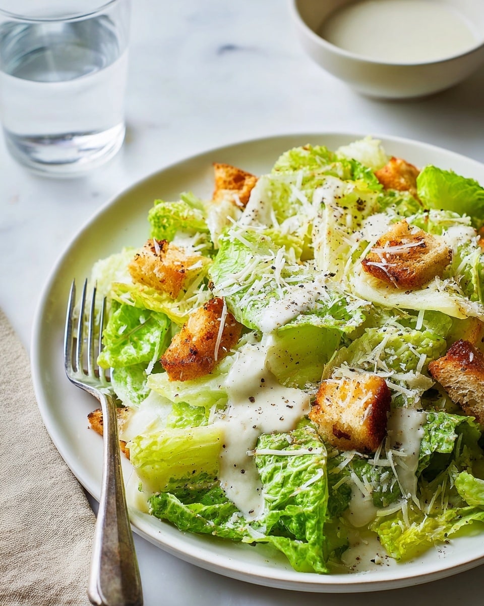 A white plate holds a layered Caesar salad resting on a white marbled surface. The bottom layer is fresh, crisp light green romaine lettuce leaves with a slightly glossy texture. On top are scattered golden-brown toasted croutons, crunchy with a rough texture. A generous drizzle of creamy, pale off-white Caesar dressing lightly coats the lettuce. Finely shredded white Parmesan cheese is sprinkled over the salad, adding a soft texture and specks of dark ground black pepper are spread across the top. A silver fork lies on the left side of the plate. The image background is softly blurred with a glass of water and a bowl of extra dressing visible. Photo taken with an iphone --ar 4:5 --v 7