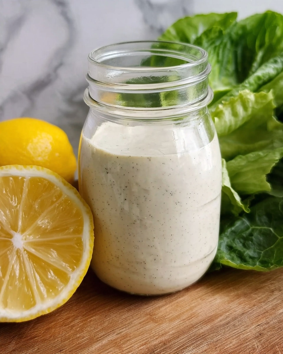 A clear glass jar filled with a creamy white sauce that has small black specks, sitting on a wooden surface. To the left of the jar is a halved bright yellow lemon with visible juice sacs, and to the right is a bunch of fresh green lettuce leaves with a slightly wrinkled texture. The background is a white marbled surface. photo taken with an iphone --ar 4:5 --v 7