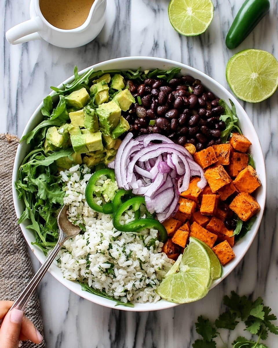 The image shows a white bowl filled with five layers of food arranged in sections: at the bottom is a bed of green leafy arugula, on the left side near the bottom is a layer of white rice mixed with herbs, above the rice are bright green diced avocado cubes, to the right of the avocado is a pile of dark black beans, and on the far right are orange roasted sweet potato cubes. Thin slices of purple onion are placed on the middle top and center, with some green jalapeño slices on the left near the avocado. Two lime wedges are positioned at the bottom right edge of the bowl. The bowl is on a white marbled surface with some lime wedges, a green jalapeño, and a white cup of sauce nearby. A woman's hand is holding a spoon inside the bowl on the left side photo taken with an iphone --ar 4:5 --v 7