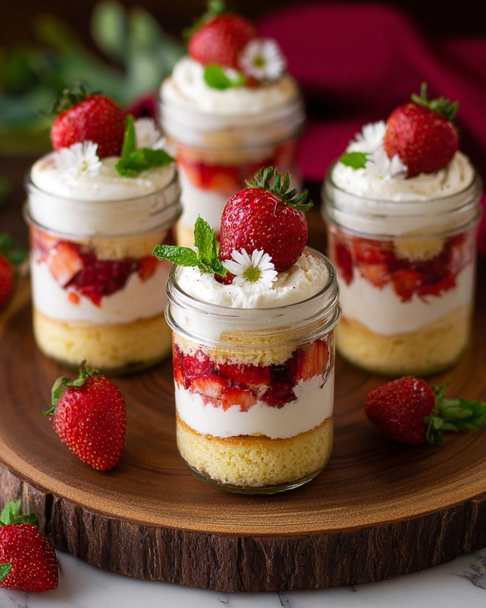 The image shows several small clear glass jars filled with layered desserts placed on a round rustic wooden board. Each jar has four layers: the bottom and third layers are light yellow sponge cake with a soft texture. Between these cake layers is a thick layer of bright red chopped strawberries. Above the strawberries is a white creamy layer that looks smooth and soft. The top layer is a thick, fluffy white cream crowned with a whole fresh bright red strawberry, a small green mint leaf, and a tiny white edible flower. The background surface is a white marbled texture but blurred, and some green leaves and a dark red cloth are partially visible near the board. Photo taken with an iphone --ar 4:5 --v 7