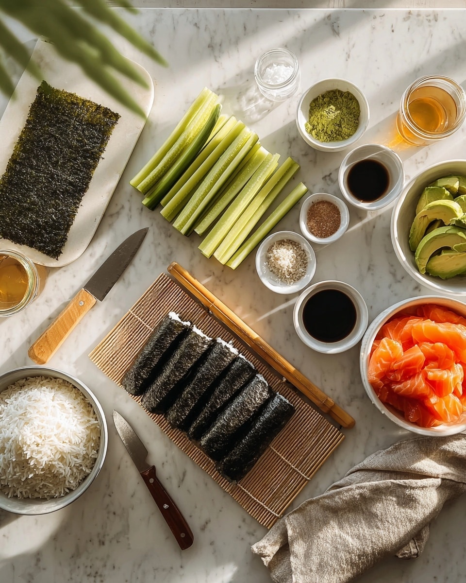 The image shows a sushi-making setup on a white marbled surface with some green leaves at the top left. There is a bowl of white rice on the left side and next to it a bamboo sushi rolling mat with a sheet of dark green seaweed on top. Toward the center are slices of light green cucumber sticks in the middle, with five rolled sushi pieces wrapped in shiny dark seaweed to their right. Above the cucumber, there are three small dishes containing dark soy sauce, pale green matcha powder, and light brown sugar. On the upper right, a white bowl contains slices of fresh avocado in different green shades, and next to it, another white bowl has pieces of bright orange salmon. A small knife with a wooden handle is placed diagonally near the salmon. There are small glass containers with sauces on the sides, and a beige cloth napkin folded neatly on the lower right. The lighting is soft and natural, highlighting the fresh ingredients and textures. photo taken with an iphone --ar 4:5 --v 7