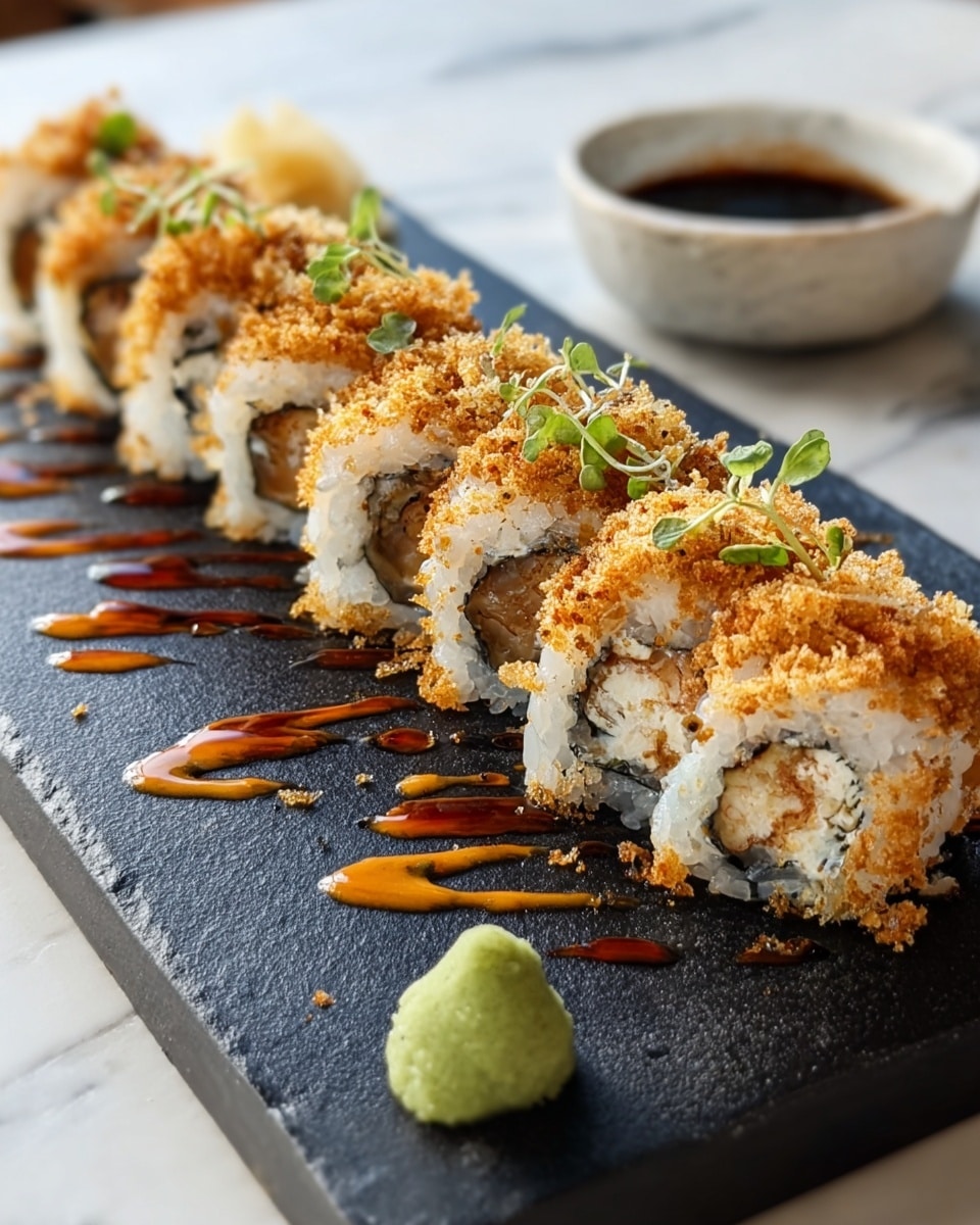 A row of eight sushi rolls is placed on a long, dark slate plate on a white marbled surface. Each roll has a white rice outer layer with crispy golden crumbs sprinkled on top, giving a rough texture. Inside, there are light brown and white fillings with hints of green, showing pieces of seafood or vegetables wrapped in seaweed. A few small green herb sprigs decorate the top of the rolls. Light orange and dark brown sauces are drizzled gently over the sushi and on the plate. On the left side of the plate, there is a small mound of bright green wasabi and a pale yellow slice of pickled ginger slightly blurred in the background. Behind the plate, on the white marbled background, there is a small white bowl with dark brown sauce inside. photo taken with an iphone --ar 4:5 --v 7