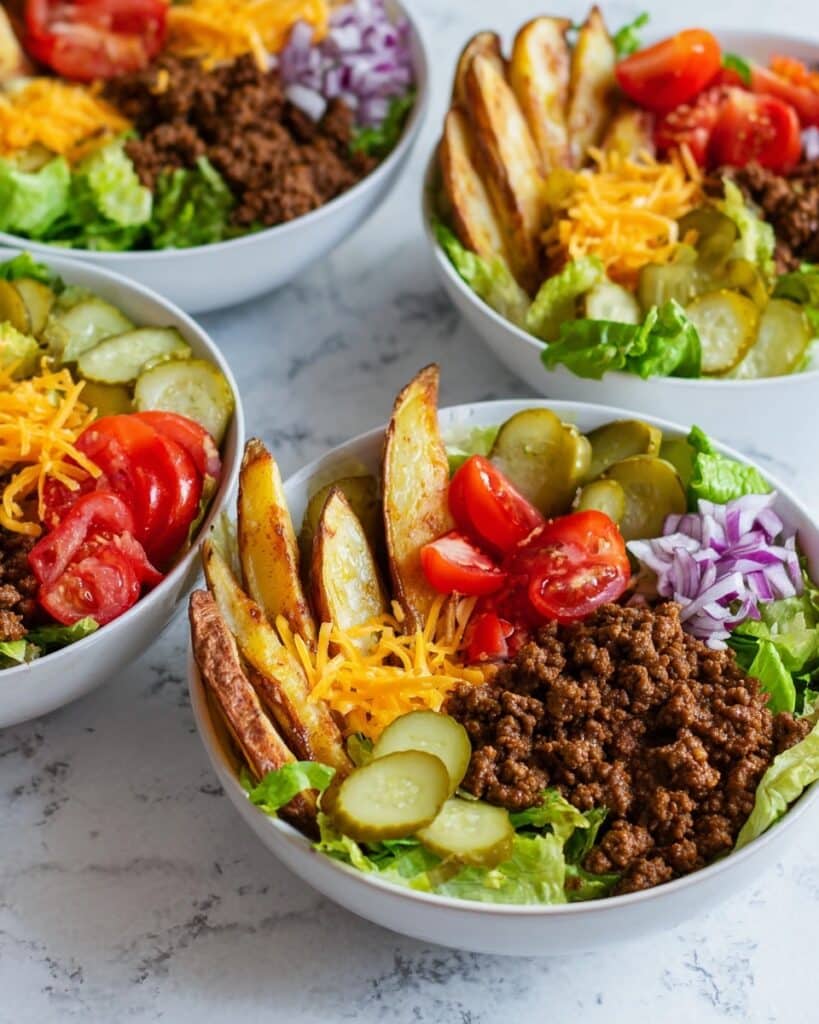 Burger Bowls with Ground Beef, Brown Rice, and Fresh Toppings Recipe