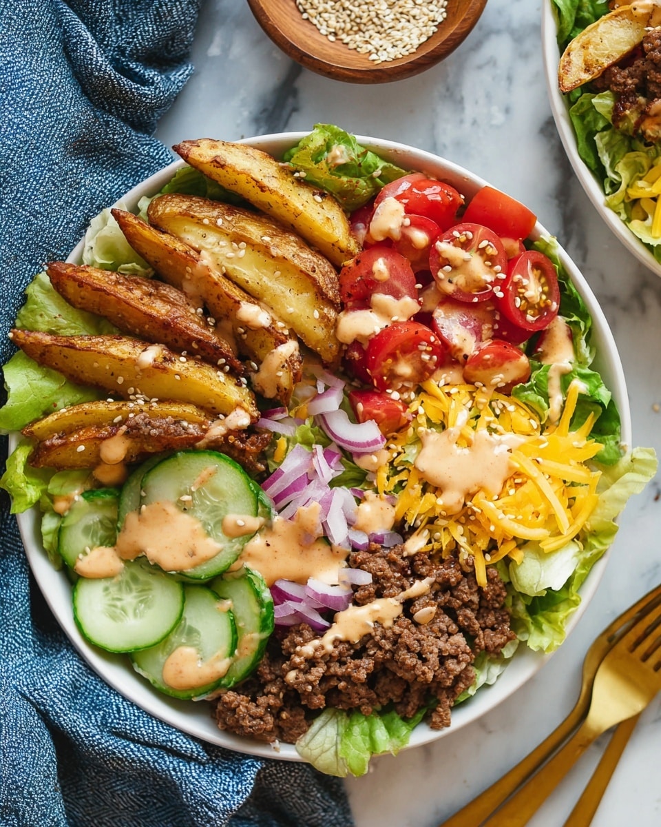 A white bowl filled with several distinct layers starts with a base of fresh green lettuce. On one side, there are crispy golden potato wedges seasoned with pepper. Next to the wedges, there are slices of green pickles and finely chopped red onions. Bright red halved cherry tomatoes sit beside a mix of shredded yellow and white cheese. A layer of cooked ground beef with a slightly crumbly texture is topped with light-colored sesame seeds and drizzled with a creamy orange sauce spread across the bowl. The bowl is placed on a white marbled surface near a wooden dish of sesame seeds, with a blue cloth and golden fork and knife nearby. photo taken with an iphone --ar 4:5 --v 7