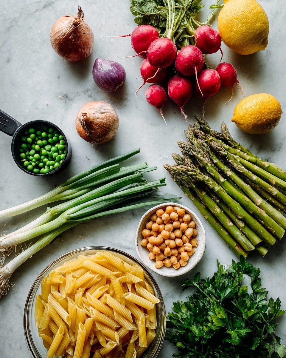 The image shows fresh ingredients laid out on a white marbled surface, including one bunch of green asparagus spears with a textured surface placed on the right side, a bunch of bright red radishes with leafy tops near the top center, and a whole yellow lemon to the upper right. There are two small shallots with purple skin on the top left. Near the center left, a black measuring cup contains small frozen green peas with a frosty texture. Below the peas are three long green spring onions with white bulbs and roots arranged horizontally. A clear glass bowl filled with raw yellow penne pasta is near the bottom left. In the bottom center, a white ceramic bowl holds light brown cooked chickpeas with a smooth texture. Some green leafy parsley is on the bottom right corner. The setup is bright and fresh, with a clean and natural look. Photo taken with an iphone --ar 4:5 --v 7