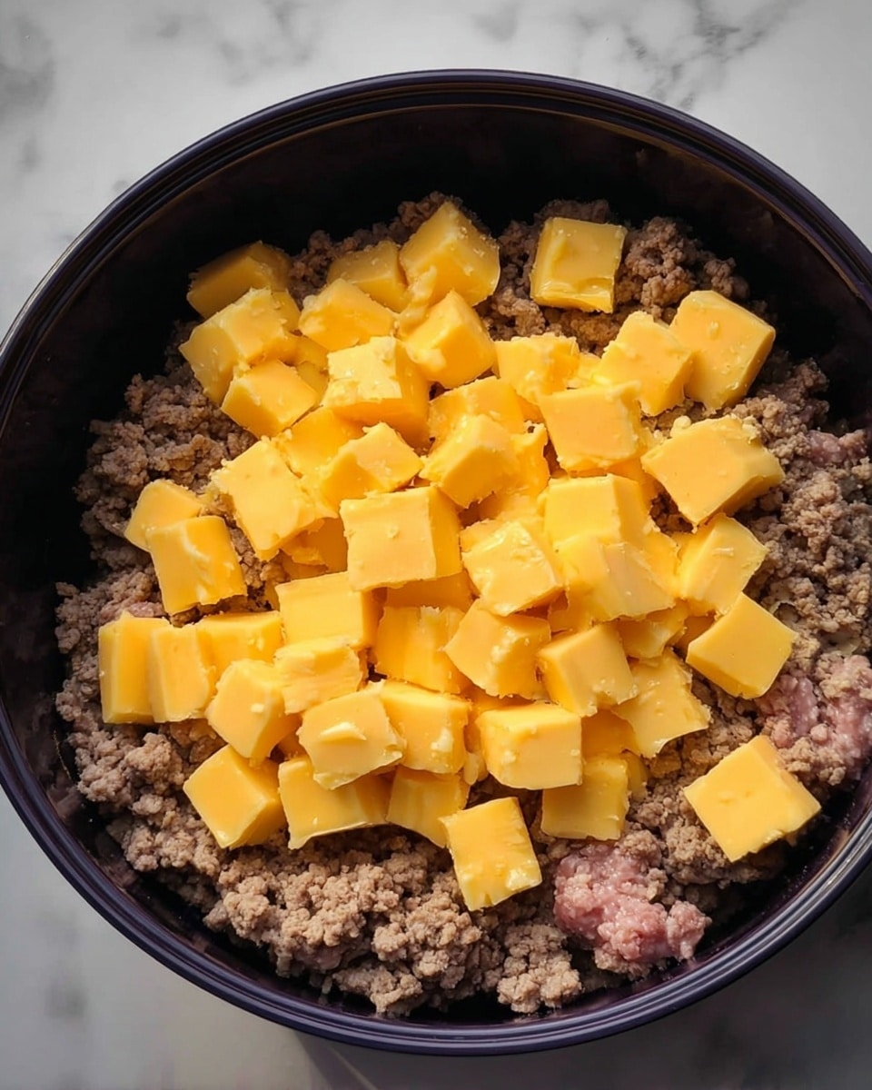 Inside a black round pot, there are two layers: the bottom layer is cooked ground beef, light brown with some pink parts, showing a crumbly texture; the top layer consists of many small cubes of bright yellow cheese spread evenly over the beef. The image is clear and focused, with the pot sitting on a white marbled surface. photo taken with an iphone --ar 4:5 --v 7