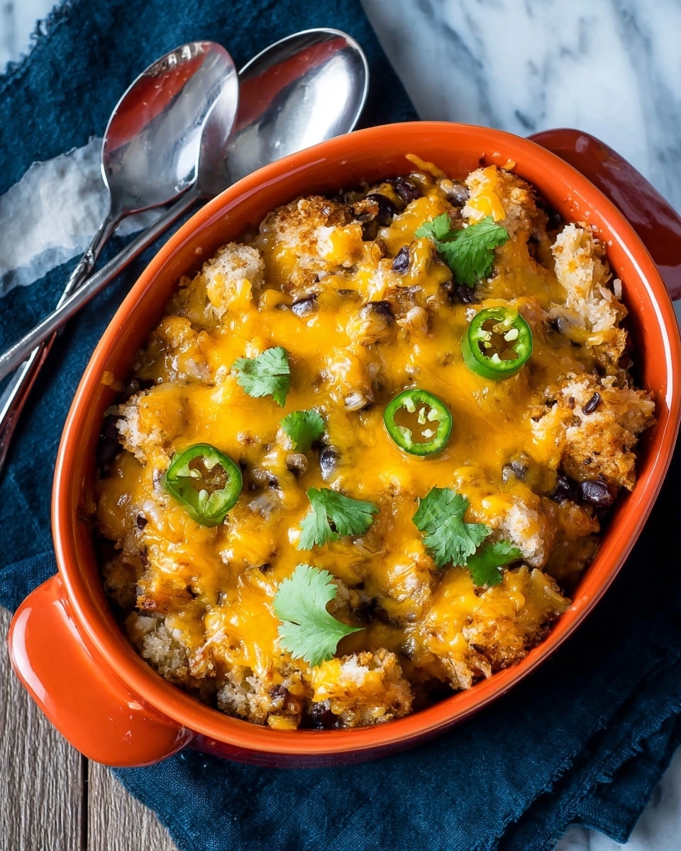 The image shows an orange oval dish filled with a baked casserole. The base layer consists of bread-like pieces mixed with some rice and small bits of black beans. This is covered by melted cheddar cheese that is bright yellow-orange, oozing over the top. Small green jalapeno slices and fresh cilantro leaves are scattered over the cheese, adding a touch of green. The dish sits on a dark blue cloth on a white marbled surface with two silver spoons nearby. Photo taken with an iphone --ar 4:5 --v 7