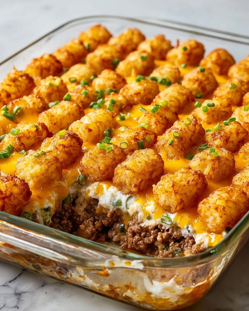 A baked dish in a clear glass square pan shows three main layers. The bottom layer is ground meat, brown and crumbly, filling the base. Above the meat is a creamy white layer mixed with bits of green pepper, partly covered by melted yellow cheese. The top layer is a grid of golden, crispy tater tots with some green herbs sprinkled lightly on top. A section is missing, showing the inside layers clearly. The dish sits on a white marbled surface. photo taken with an iphone --ar 4:5 --v 7