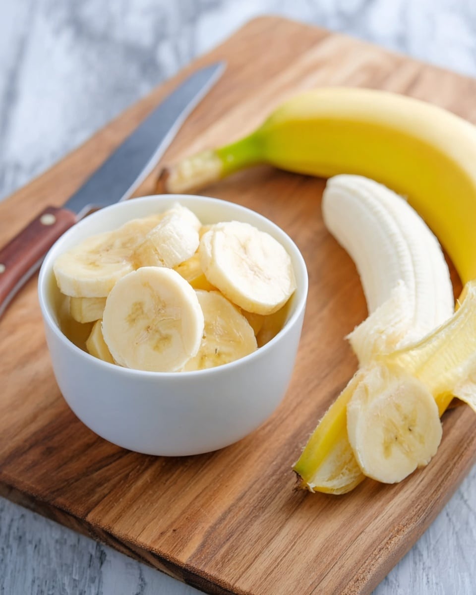 A small white bowl filled with several round, light yellow banana slices is placed on a wooden cutting board. An open peeled banana with its pale yellow inside and some peel still attached lies next to the bowl on the cutting board. A knife with a brown handle rests on the board behind the banana. The surface under the cutting board is a white marbled texture. photo taken with an iphone --ar 4:5 --v 7