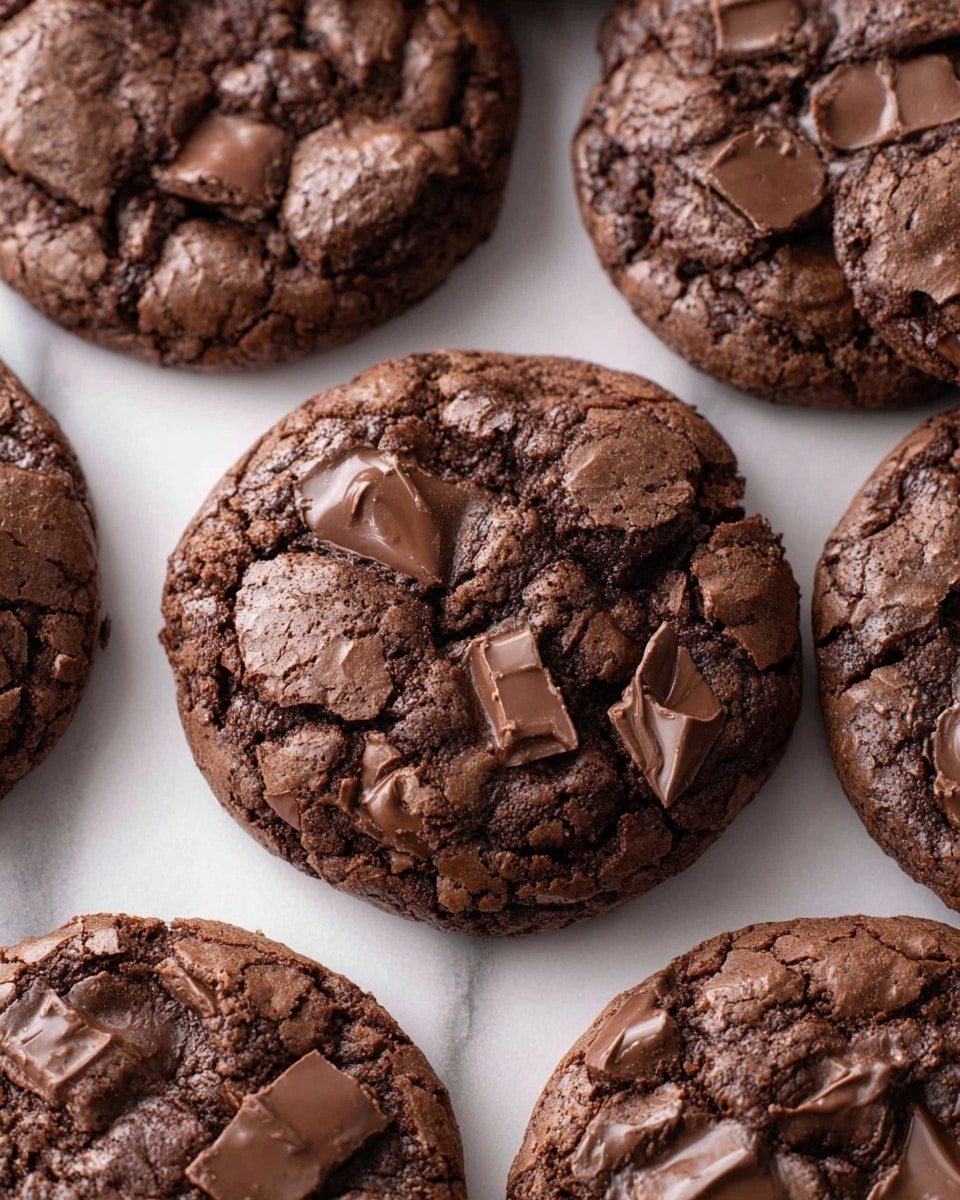 Several round chocolate cookies are arranged closely on a white marbled surface. Each cookie has a cracked, textured dark brown surface with chunks and small pieces of milk chocolate scattered generously on top, creating a layered, chunky look. The cookies have a slightly uneven texture with some shinier, smoother spots, showing a fresh baked appearance. One cookie in the middle is more in focus, displaying the details of the chocolate pieces and cracked top clearly. Photo taken with an iphone --ar 4:5 --v 7