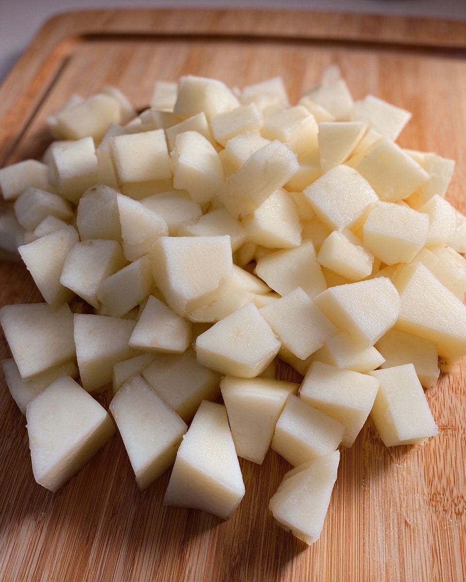 The image shows a pile of evenly cut white potato cubes spread out on a light brown wooden cutting board. Each cube is cleanly shaped with smooth edges, and a few pieces show slight variations in shape like small triangles. The lighting highlights the moist, fresh texture of the potato cubes, making them look crisp and ready to cook. The background is not visible, focusing fully on the simple arrangement of the potatoes on the warm-toned board. photo taken with an iphone --ar 4:5 --v 7