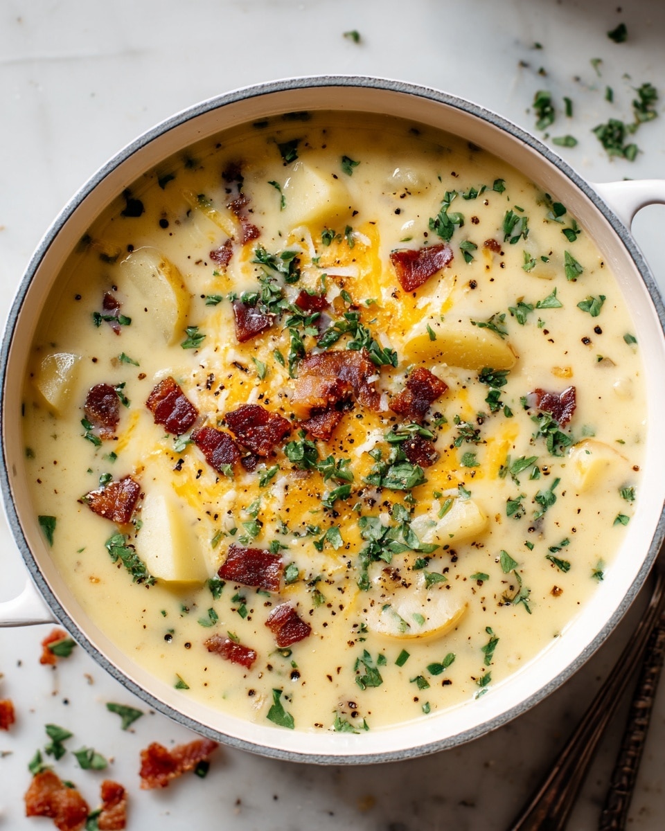A white round pot filled with creamy potato soup showing three layers: a base of thick pale yellow creamy broth, scattered light yellow potato chunks, and pieces of dark brown crispy bacon on the surface. On top there are sprinkled bright green chopped herbs and grated pale orange cheese, with a light dusting of black pepper dots across the soup. The pot rests on a white marbled surface with small bacon bits and greens around it. photo taken with an iphone --ar 4:5 --v 7
