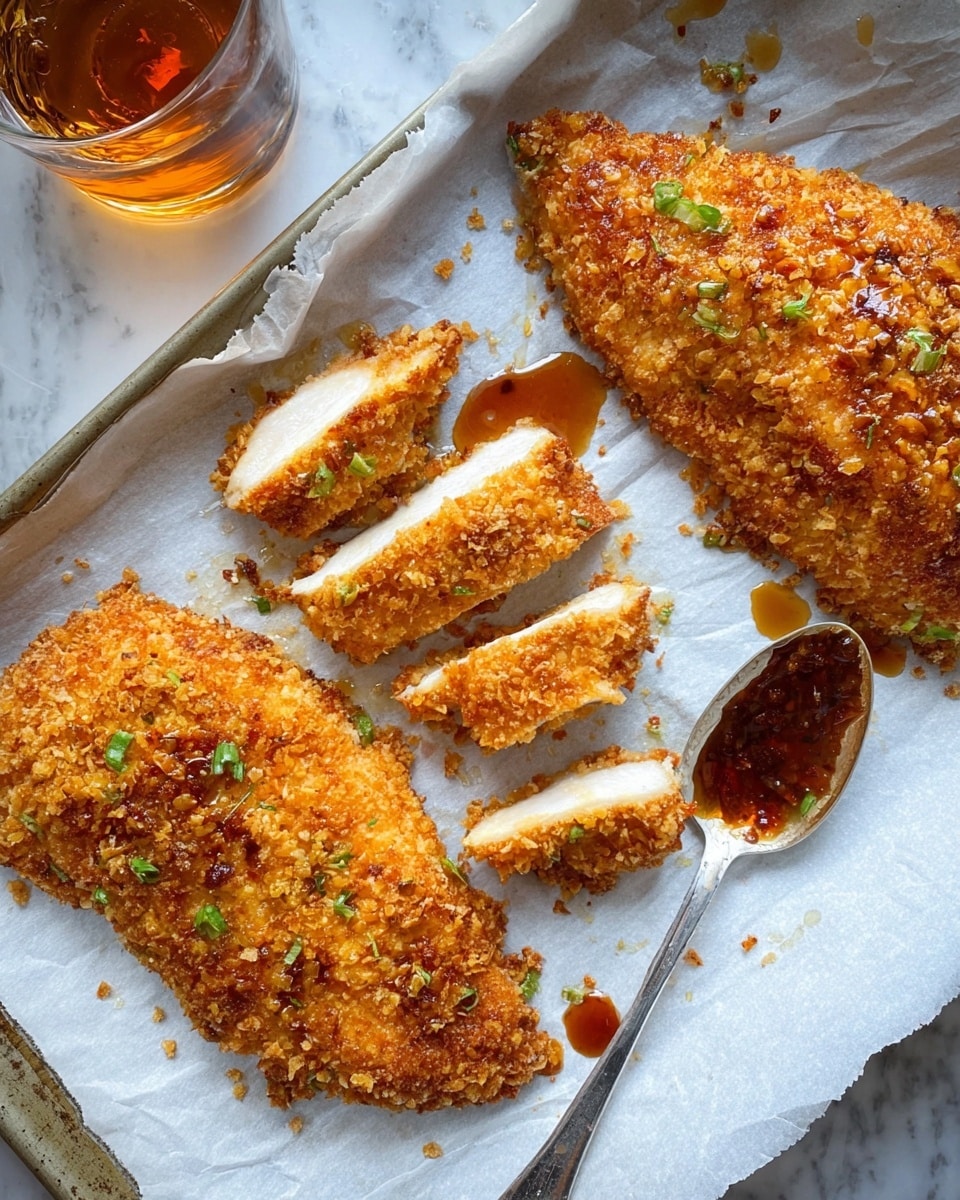 The image shows three pieces of golden brown breaded chicken on white parchment paper over a baking tray. Two whole chicken pieces are placed at the top and middle, both with a crispy and crunchy texture, dotted with small green herb bits. At the bottom left, one chicken piece is sliced into four thick strips showing white tender meat inside. A shiny silver spoon with honey-colored sauce rests near the top right chicken piece, with drips of the sauce scattered around. The baking tray sits on a white marbled surface, adding a clean look to the setting. Photo taken with an iphone --ar 4:5 --v 7