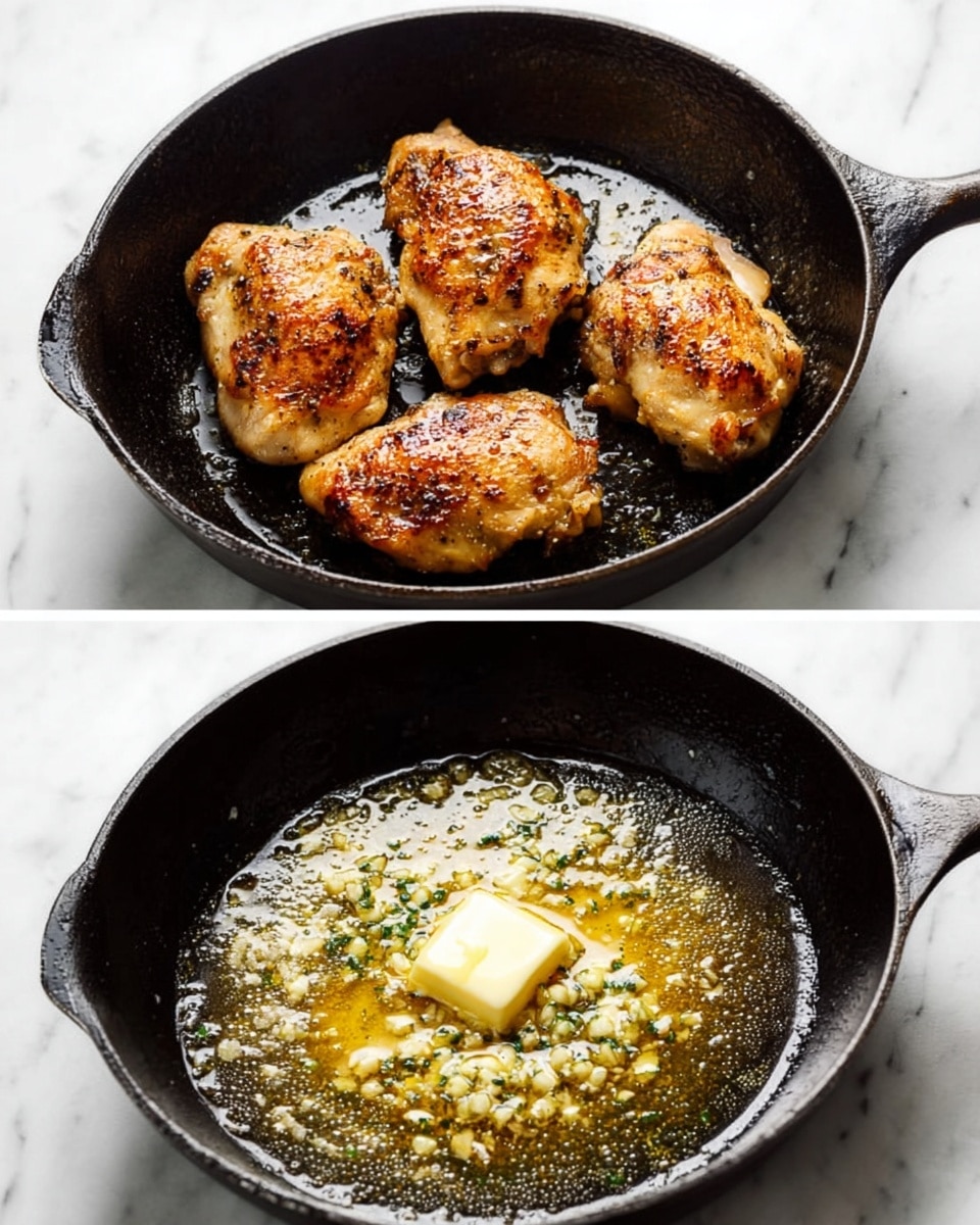 The image shows two round cast iron pans on a white marbled surface. The first pan contains four pieces of cooked chicken, each with a golden brown, slightly crispy surface and even browning. The second pan contains bubbling melted butter with a pat of unmelted butter and minced garlic in the center, with a shiny, oily texture and small bubbles around the edges. Photo taken with an iphone --ar 4:5 --v 7