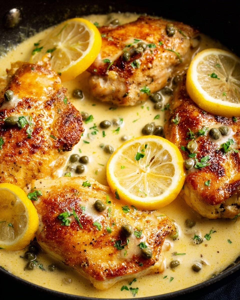 The image shows four golden-brown cooked chicken pieces in a creamy light yellow sauce inside a black pan. The chicken pieces have a crispy texture with some small browned spots on top. Three lemon wedges with bright yellow skin and juicy white-yellow flesh are placed between the chicken pieces, partially submerged in the sauce. Scattered on top are small green capers and finely chopped fresh green herbs, adding a touch of color contrast. The sauce looks smooth, rich, and slightly thick, covering some parts of the chicken and pooling around the pan's edges. photo taken with an iphone --ar 4:5 --v 7