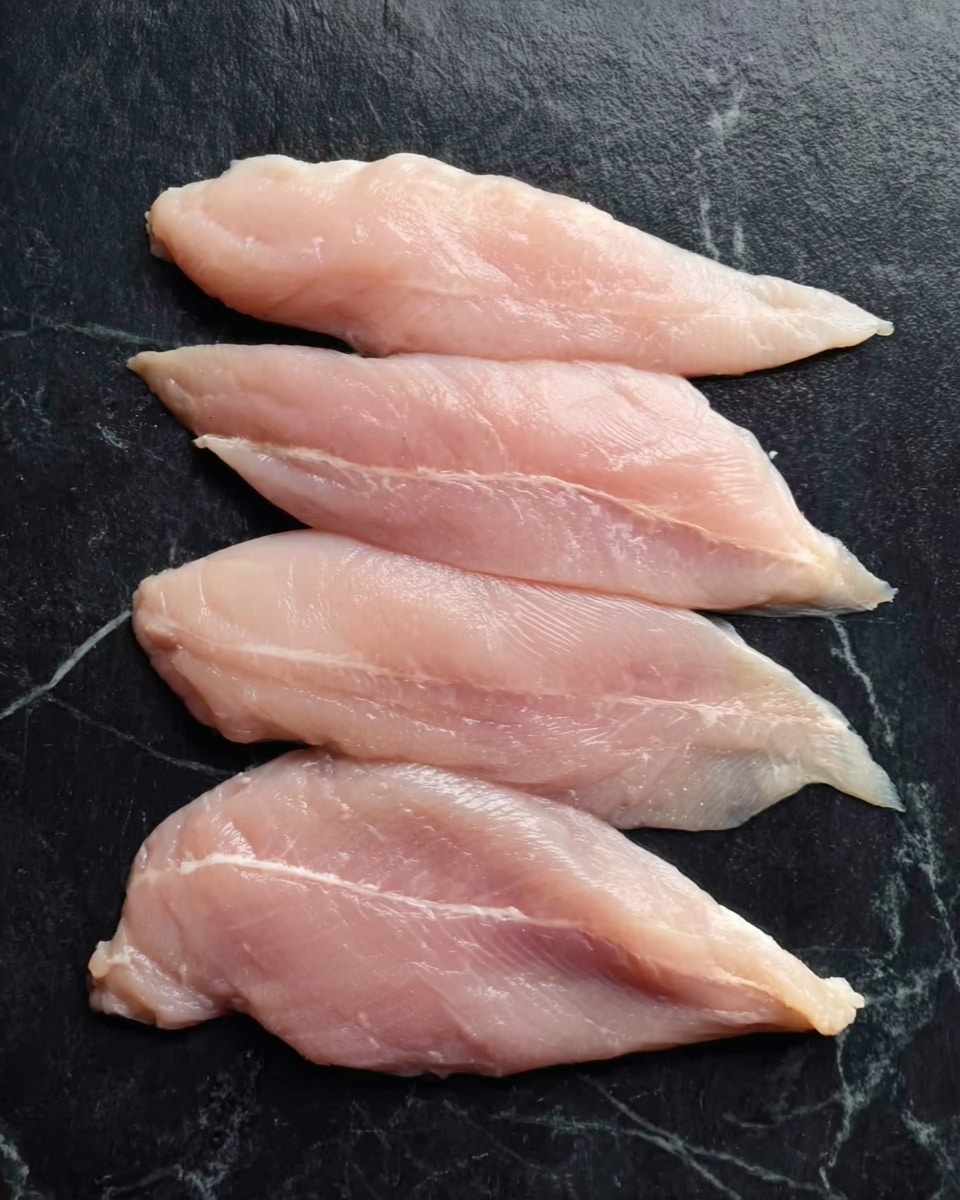 The image shows four raw, pale pink chicken fillets laid out vertically on a dark slate surface, each fillet overlapping the next slightly. The fillets have a smooth, slightly shiny texture with some fine muscle lines and a natural shape tapering to thinner edges. The dark slate beneath emphasizes the light color and soft detail of the fillets. The background is a white marbled texture. photo taken with an iphone --ar 4:5 --v 7