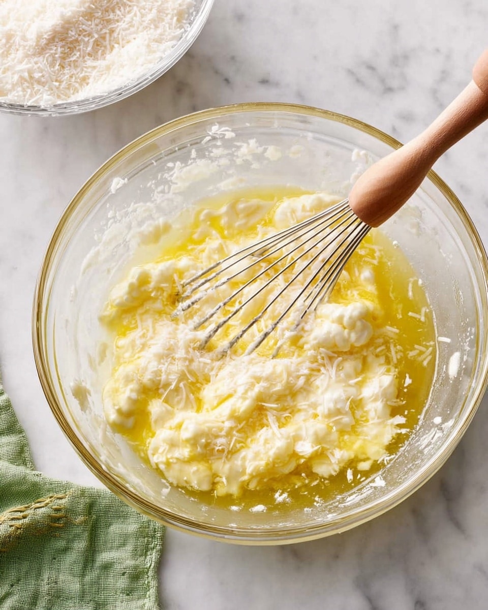 A clear glass bowl sits on a white marbled surface, filled with a mixture of melted butter and white, soft curds. A whisk with a light wooden handle is in the bowl, stirring the thick, lumpy yellow and white mixture. Behind this bowl, there is another clear glass bowl that holds fine, grated white cheese. A green cloth with a subtle pattern is folded near the bowl on the left side. photo taken with an iphone --ar 4:5 --v 7